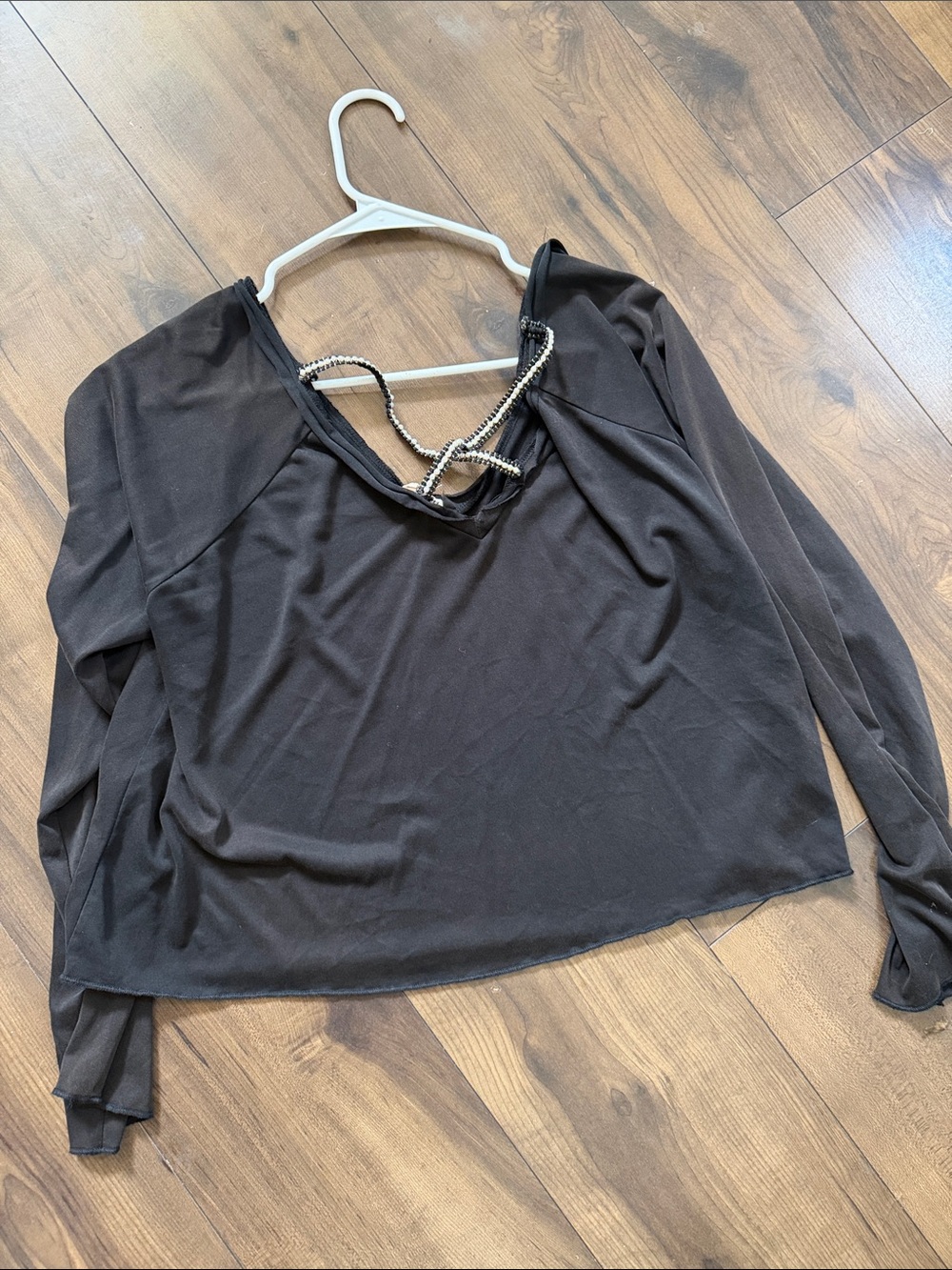 POL Black Long-Sleeve V-Neck Top with Beaded Chain Detail